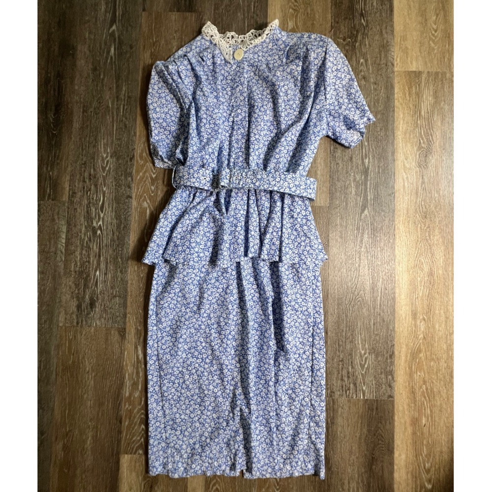 Paquette Too! Floral Peplum Dress Womens 14 Blue Lace Collar Vintage 80s Belted